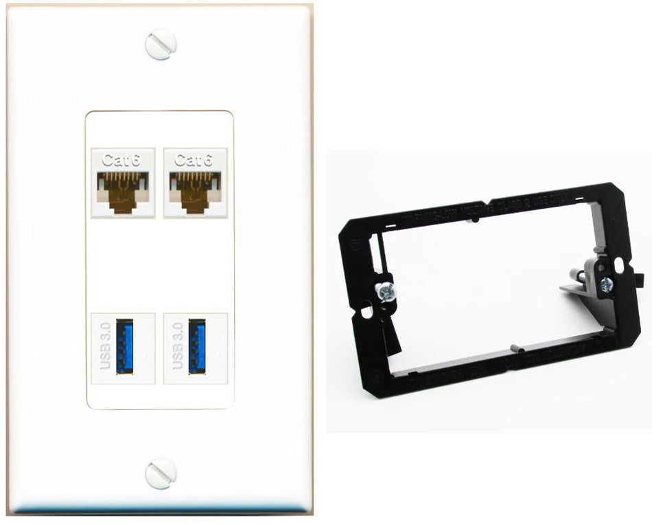 RiteAV 2 Port Cat6 2 USB3 Wall Plate - Bracket [White]