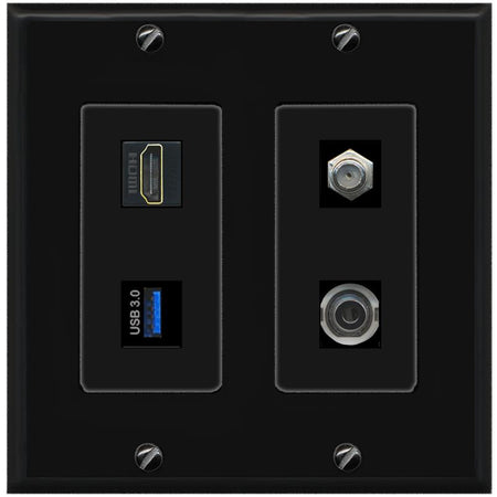 RiteAV HDMI and Coax USB3 + 3.5mm Jack Wall Plate - 2 Gang [Black/Black]