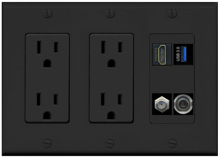 RiteAV HDMI and Coax USB3 + 3.5mm Jack Wall Plate - 2 Outlet [Black/Black]