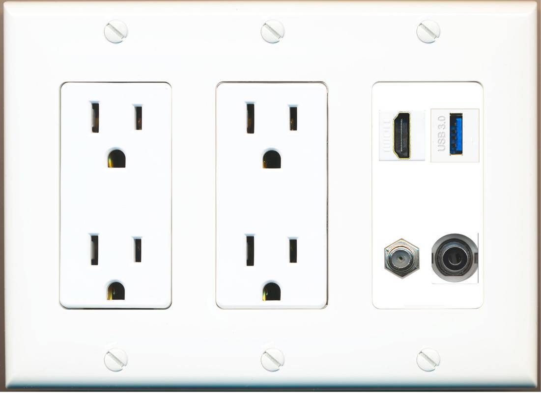 RiteAV HDMI and Coax USB3 + 3.5mm Jack Wall Plate - 2 Outlet [White]