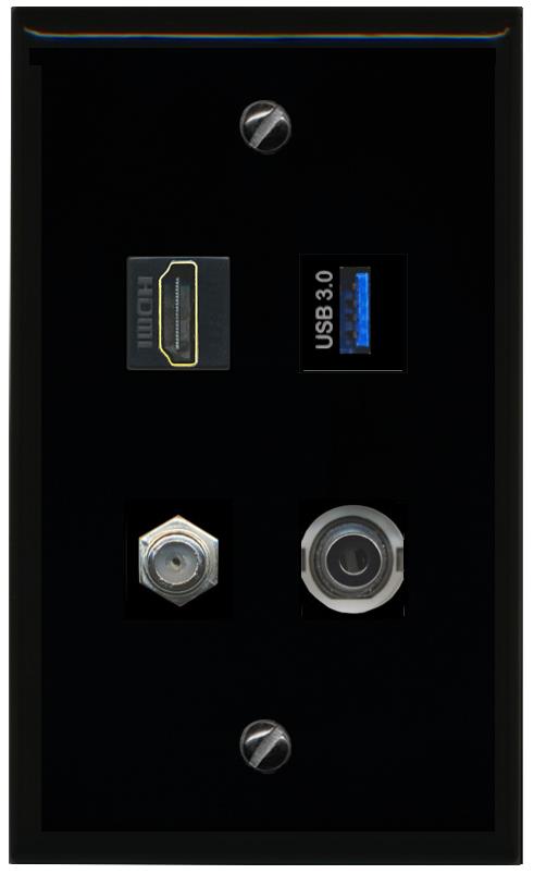 RiteAV HDMI and Coax USB3 + 3.5mm Jack Wall Plate - Flat [Black/Black]