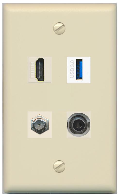 RiteAV HDMI and Coax USB3 + 3.5mm Jack Wall Plate - Flat [Ivory/Ivory]