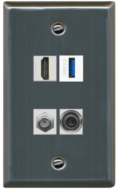 RiteAV HDMI and Coax USB3 + 3.5mm Jack Wall Plate - Flat [Stainless Steel]