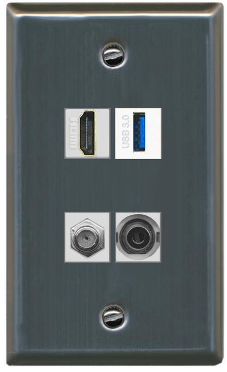 RiteAV HDMI and Coax USB3 + 3.5mm Jack Wall Plate - Flat [Stainless Steel]