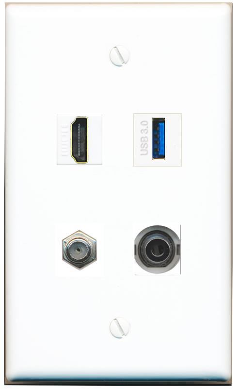 RiteAV HDMI and Coax USB3 + 3.5mm Jack Wall Plate - Flat [White]