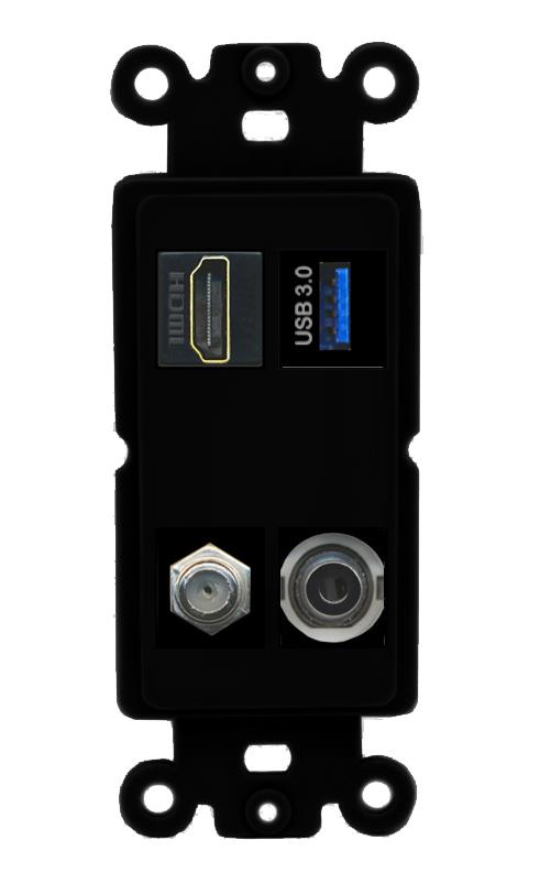 RiteAV HDMI and Coax USB3 + 3.5mm Jack Wall Plate - Rocker [Black/Black]