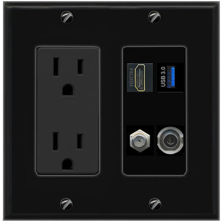 RiteAV HDMI and Coax USB3 + 3.5mm Jack Wall Plate - Outlet [Black/Black]