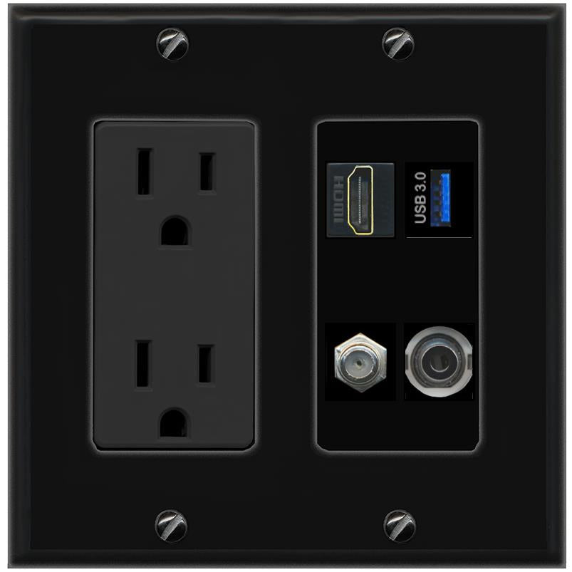 RiteAV HDMI and Coax USB3 + 3.5mm Jack Wall Plate - Outlet [Black/Black]