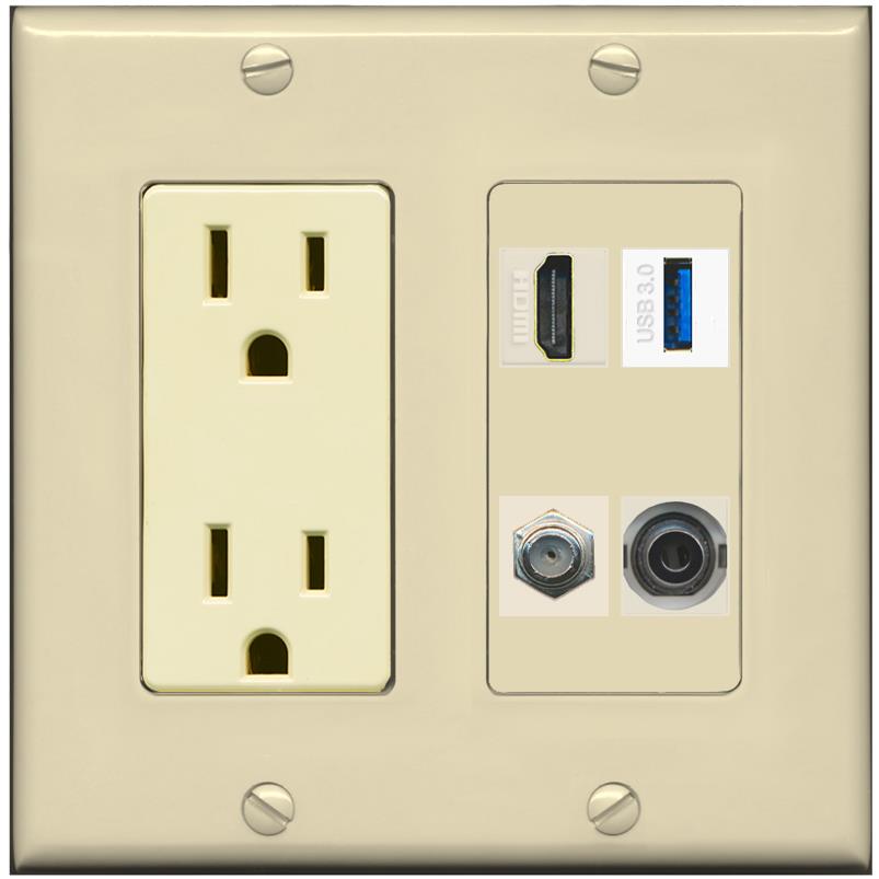 RiteAV HDMI and Coax USB3 + 3.5mm Jack Wall Plate - Outlet [Ivory/Ivory]