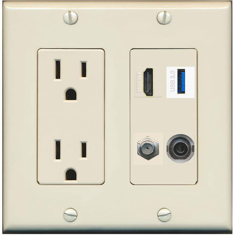 RiteAV HDMI and Coax USB3 + 3.5mm Jack Wall Plate - Outlet [Light-Almond]