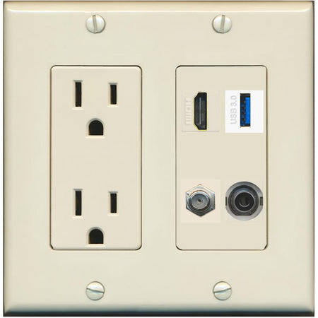 RiteAV HDMI and Coax USB3 + 3.5mm Jack Wall Plate - Outlet [Light-Almond]
