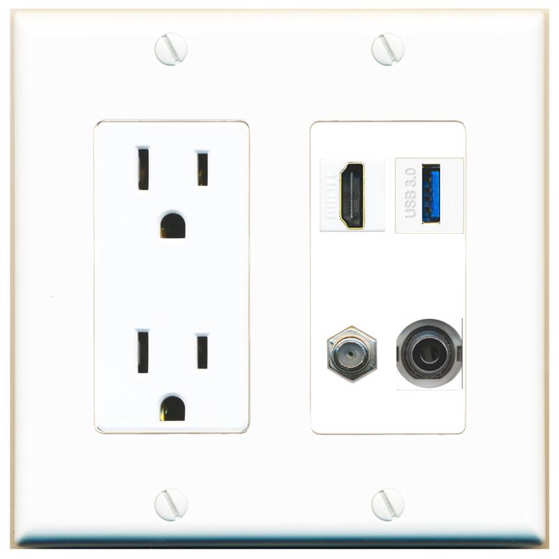 RiteAV HDMI and Coax USB3 + 3.5mm Jack Wall Plate - Outlet [White]