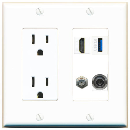 RiteAV HDMI and Coax USB3 + 3.5mm Jack Wall Plate - Outlet [White]