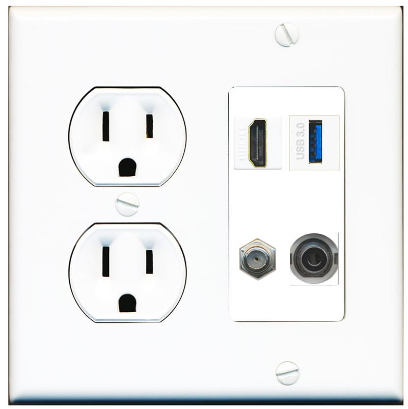 RiteAV HDMI and Coax USB3 + 3.5mm Jack Wall Plate - Round Outlet [White]