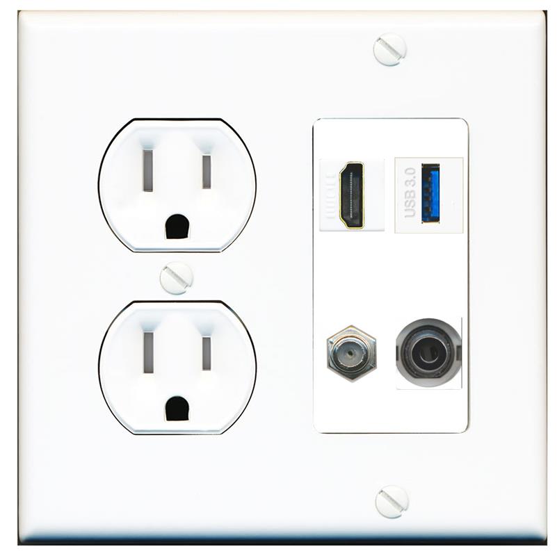 RiteAV HDMI and Coax USB3 + 3.5mm Jack Wall Plate - Tamper Proof [White]