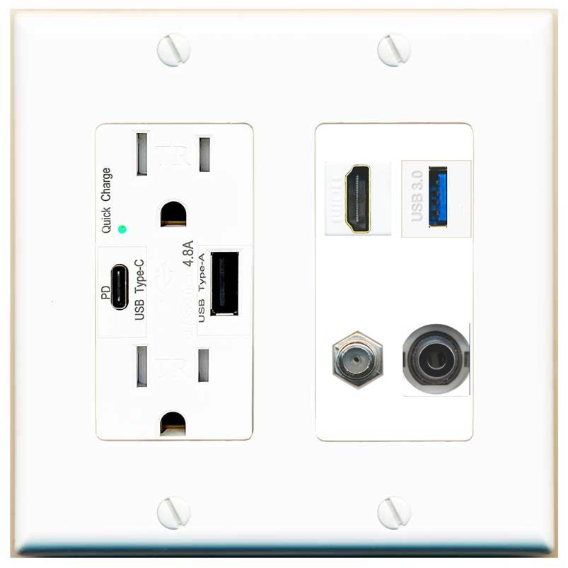 RiteAV HDMI and Coax USB3 + 3.5mm Jack Wall Plate - USB AC Charger [White]