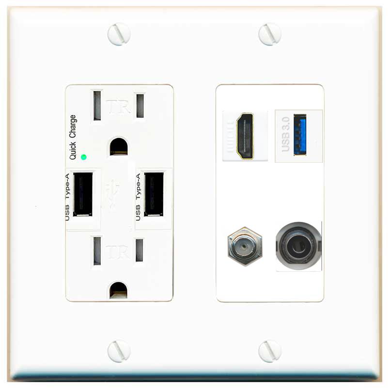 RiteAV HDMI and Coax USB3 + 3.5mm Jack Wall Plate - USB Charger [White]
