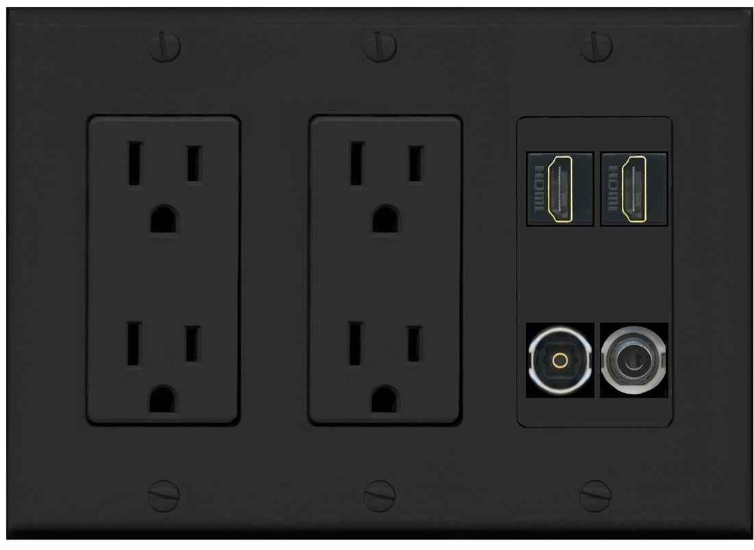 RiteAV 2 Port HDMI 1 Toslink 3.5mm Jack Wall Plate - 2 Outlet [Black/Black]