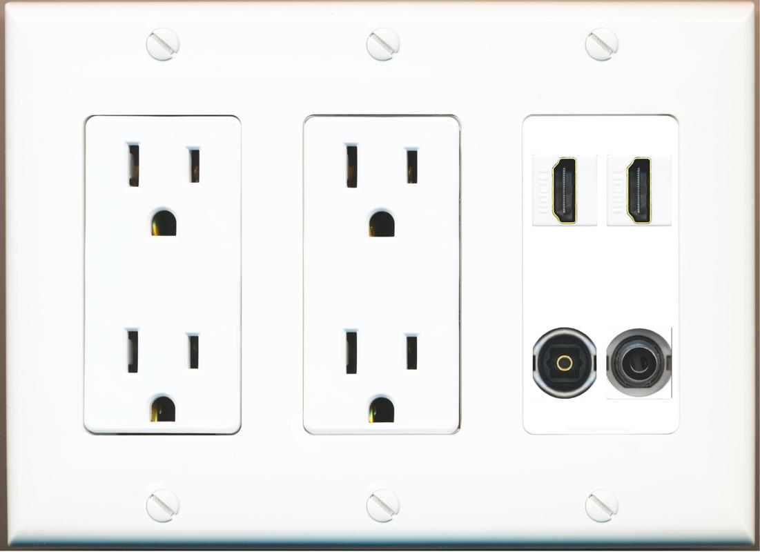 RiteAV 2 Port HDMI 1 Toslink 3.5mm Jack Wall Plate - 2 Outlet [White]