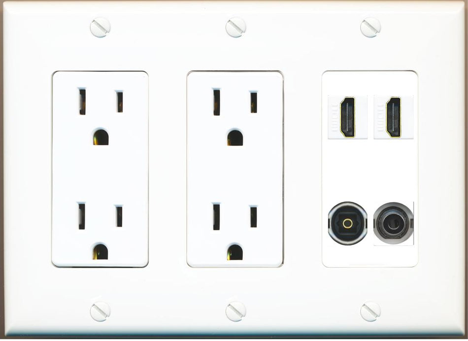 RiteAV 2 Port HDMI 1 Toslink 3.5mm Jack Wall Plate - 2 Outlet [White]