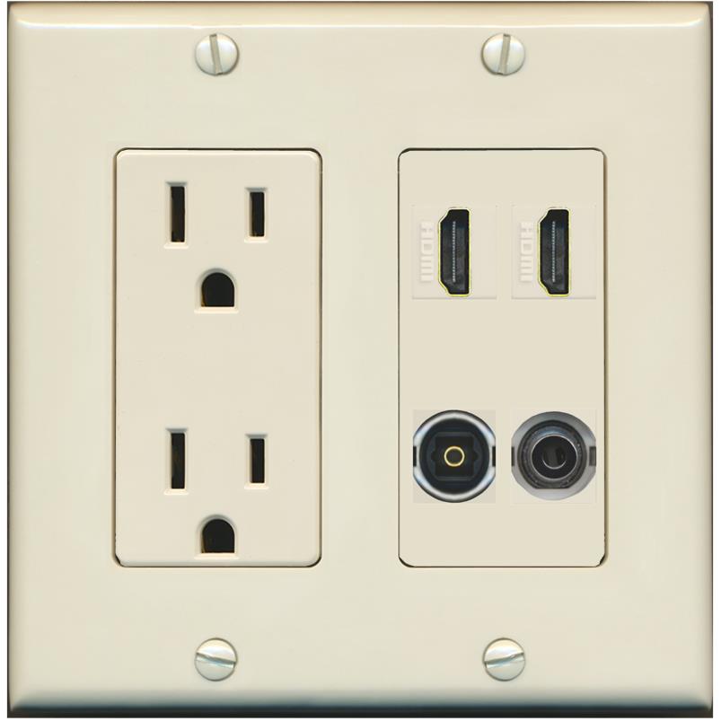 RiteAV 2 Port HDMI 1 Toslink 3.5mm Jack Wall Plate - Outlet [Light-Almond]