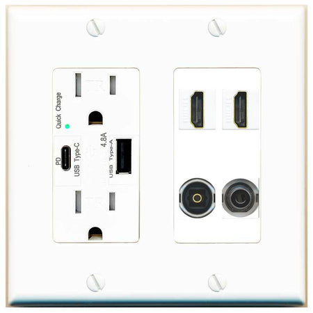 RiteAV 2 Port HDMI 1 Toslink 3.5mm Jack Wall Plate - USB AC Charger [White]