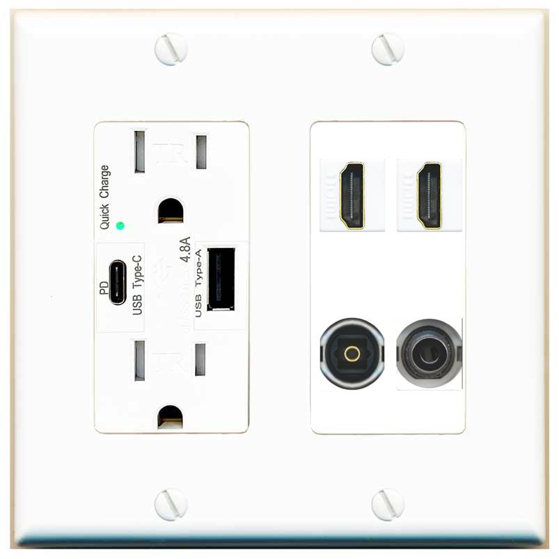 RiteAV 2 Port HDMI 1 Toslink 3.5mm Jack Wall Plate - USB AC Charger [White]