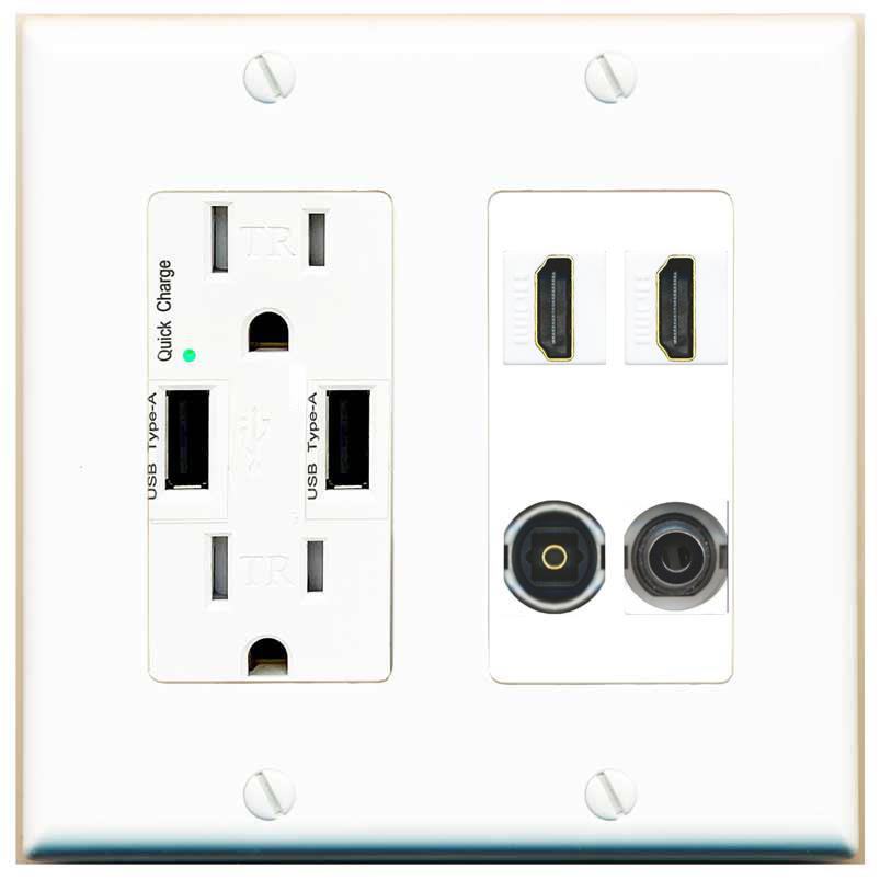 RiteAV 2 Port HDMI 1 Toslink 3.5mm Jack Wall Plate - USB Charger [White]