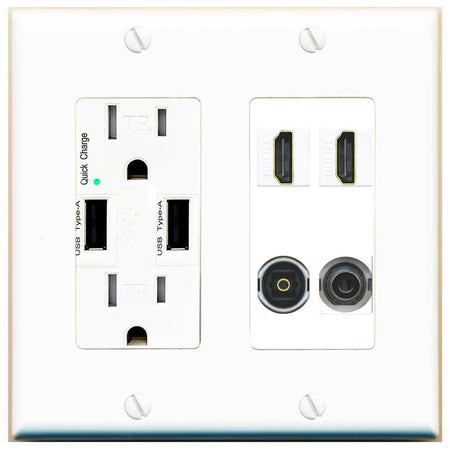 RiteAV 2 Port HDMI 1 Toslink 3.5mm Jack Wall Plate - USB Charger [White]