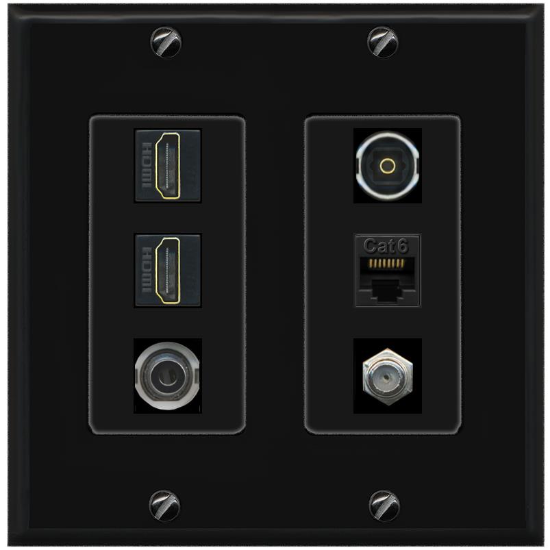 2 Port HDMI 1 Coax CAT6 3.5mm Toslink Jack Wall Plate - 2 Gang [Black/Black]