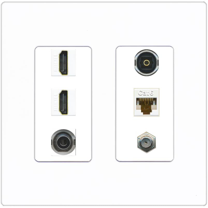 2 Port HDMI 1 Coax CAT6 3.5mm Toslink Jack Wall Plate - 2 Gang [Screwless White]