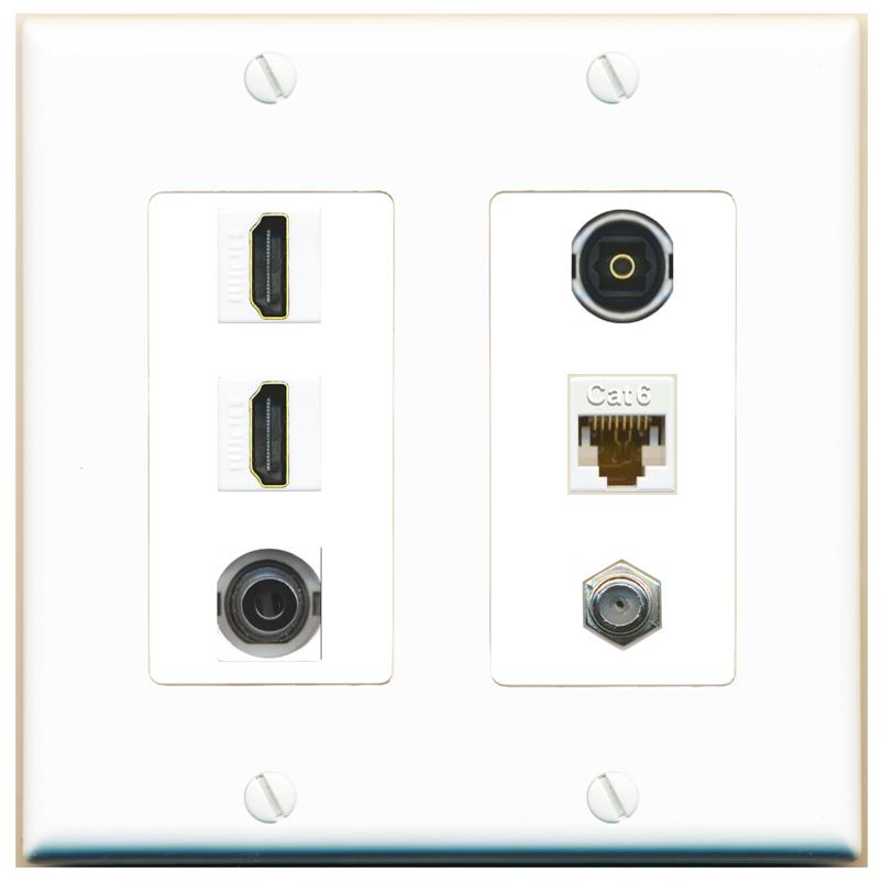 2 Port HDMI 1 Coax CAT6 3.5mm Toslink Jack Wall Plate - 2 Gang [White]