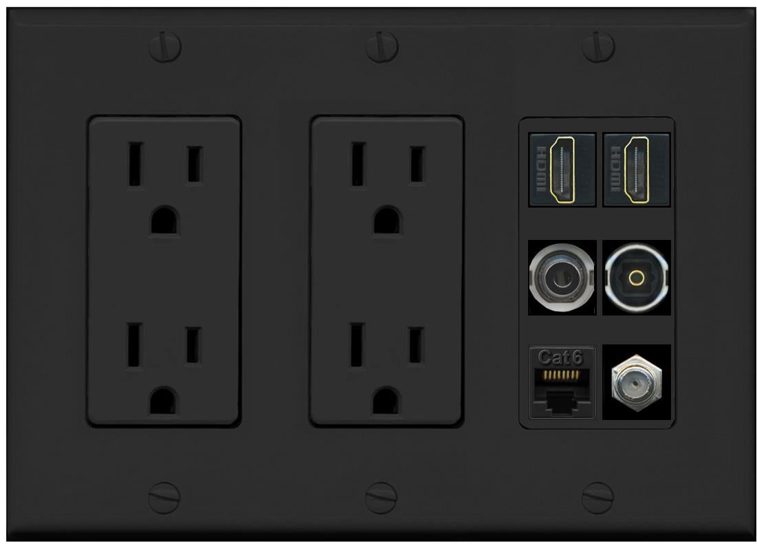 2 Port HDMI 1 Coax CAT6 3.5mm Toslink Jack Wall Plate - 2 Outlet [Black/Black]