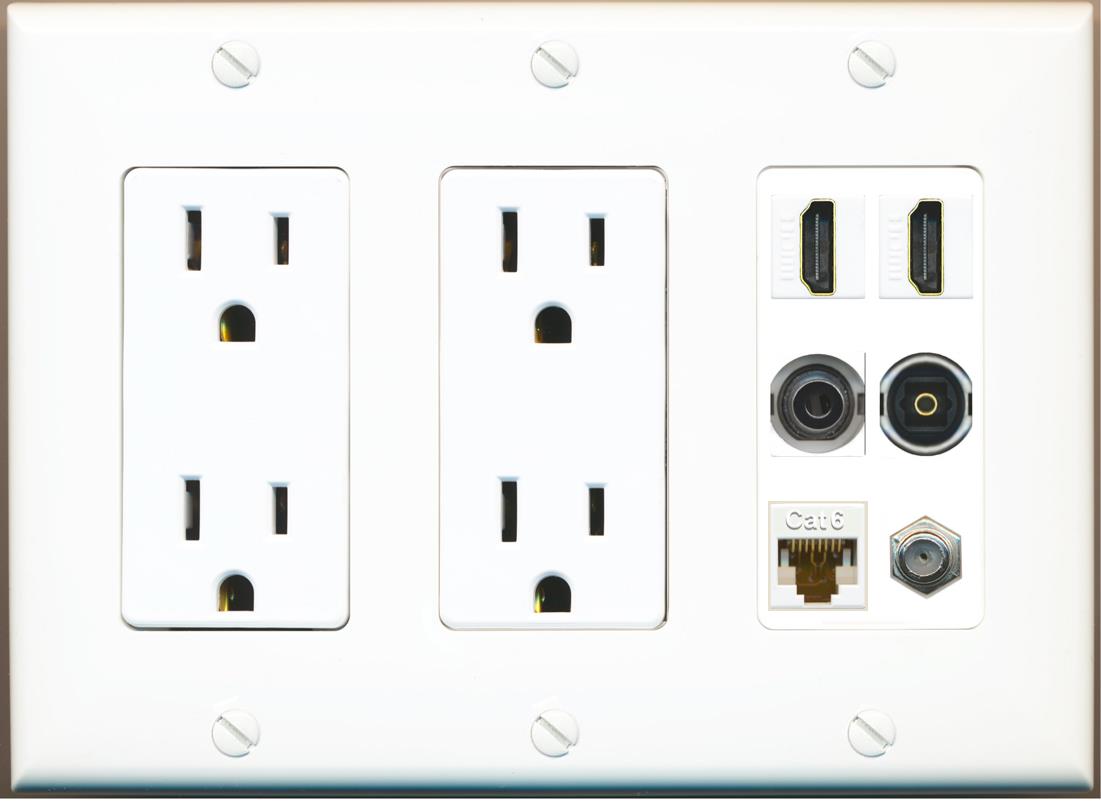 2 Port HDMI 1 Coax CAT6 3.5mm Toslink Jack Wall Plate - 2 Outlet [White]