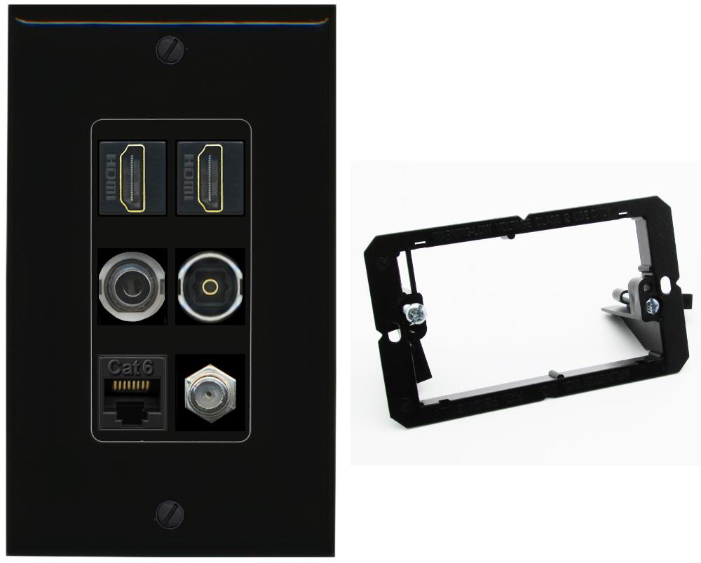 2 Port HDMI 1 Coax CAT6 3.5mm Toslink Jack Wall Plate - Bracket [Black/Black]