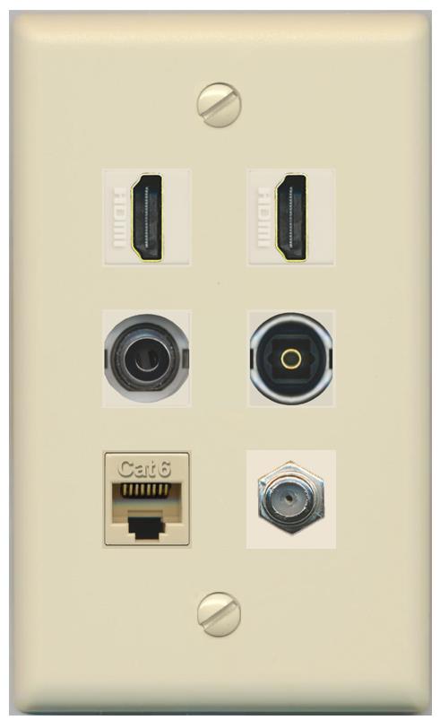 2 Port HDMI 1 Coax CAT6 3.5mm Toslink Jack Wall Plate - Flat [Ivory/Ivory]