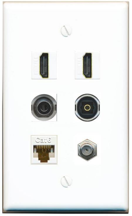 2 Port HDMI 1 Coax CAT6 3.5mm Toslink Jack Wall Plate - Flat [White]