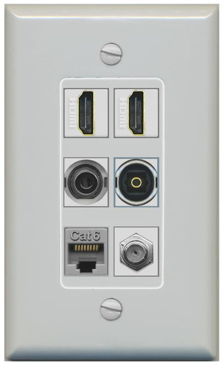 2 Port HDMI 1 Coax CAT6 3.5mm Toslink Jack Wall Plate - 1 Gang [Gray/Gray]