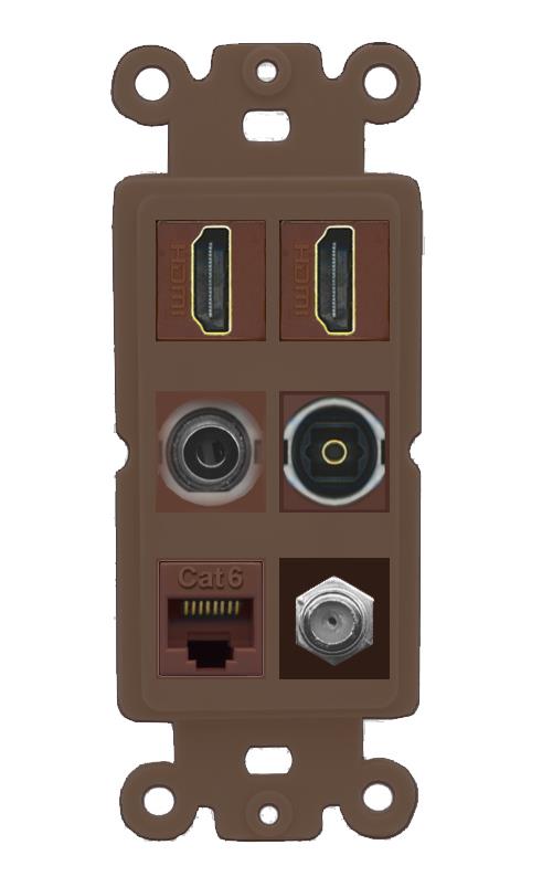 2 Port HDMI 1 Coax CAT6 3.5mm Toslink Jack Wall Plate - Rocker [Brown/Brown]
