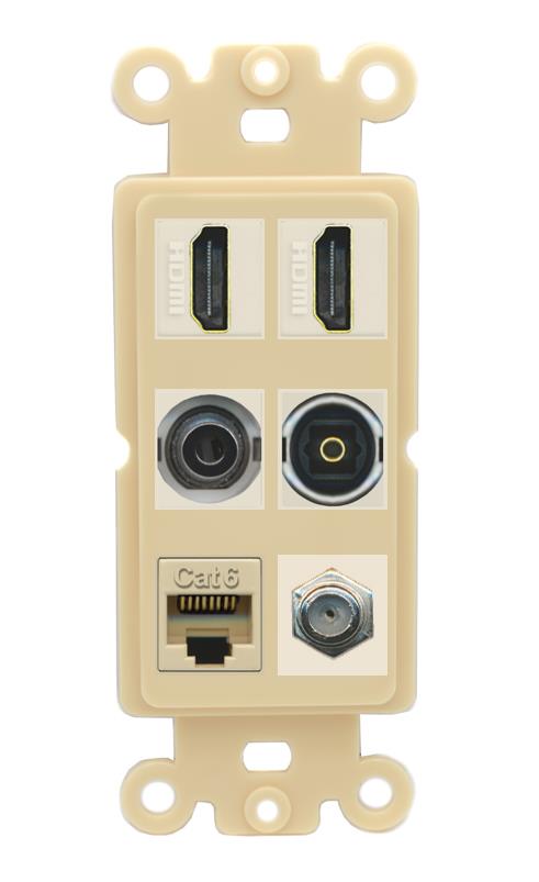 2 Port HDMI 1 Coax CAT6 3.5mm Toslink Jack Wall Plate - Rocker [Ivory/Ivory]