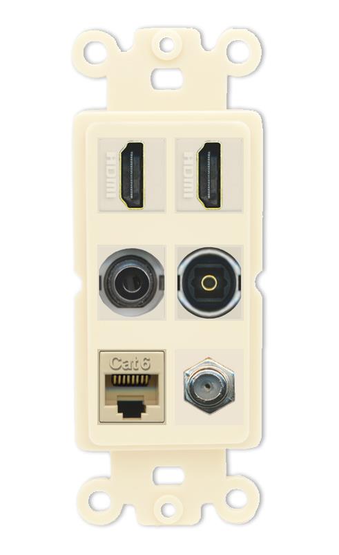 2 Port HDMI 1 Coax CAT6 3.5mm Toslink Jack Wall Plate - Rocker [Light-Almond]