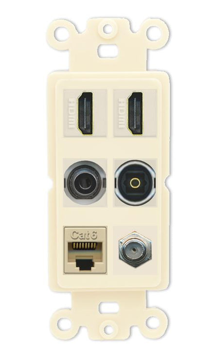 2 Port HDMI 1 Coax CAT6 3.5mm Toslink Jack Wall Plate - Rocker [Light-Almond]