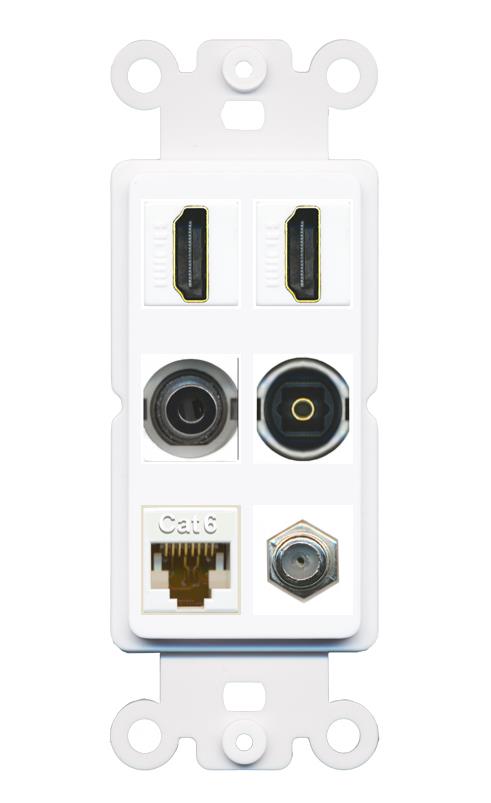 2 Port HDMI 1 Coax CAT6 3.5mm Toslink Jack Wall Plate - Rocker [White]