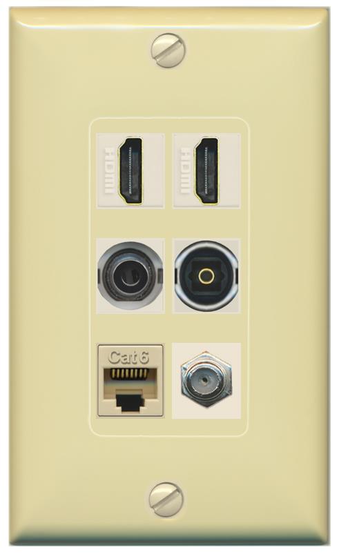 2 Port HDMI 1 Coax CAT6 3.5mm Toslink Jack Wall Plate - 1 Gang [Ivory/Ivory]