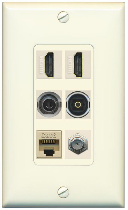 2 Port HDMI 1 Coax CAT6 3.5mm Toslink Jack Wall Plate - 1 Gang [Light-Almond]