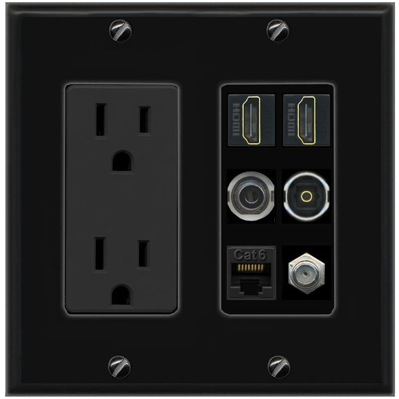 2 Port HDMI 1 Coax CAT6 3.5mm Toslink Jack Wall Plate - Outlet [Black/Black]