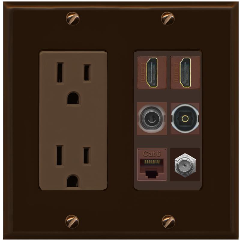 2 Port HDMI 1 Coax CAT6 3.5mm Toslink Jack Wall Plate - Outlet [Brown/Brown]