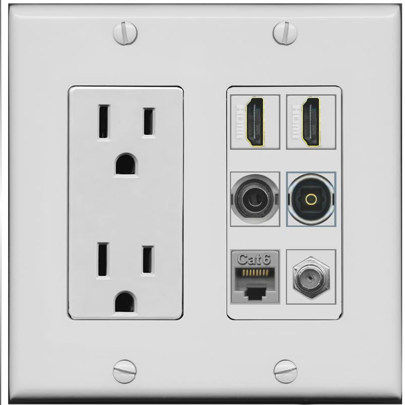 2 Port HDMI 1 Coax CAT6 3.5mm Toslink Jack Wall Plate - Outlet [Gray/Gray]