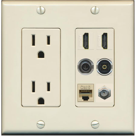 2 Port HDMI 1 Coax CAT6 3.5mm Toslink Jack Wall Plate - Outlet [Light-Almond]