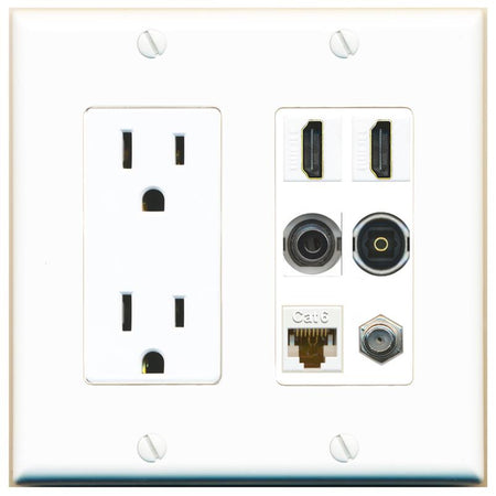 2 Port HDMI 1 Coax CAT6 3.5mm Toslink Jack Wall Plate - Outlet [White]